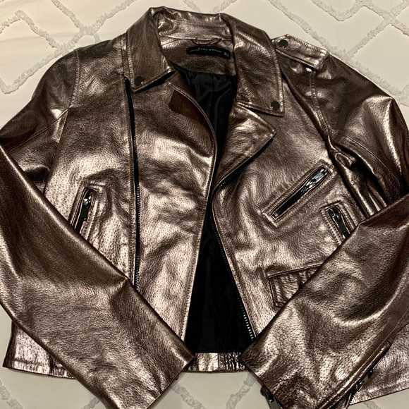 Zara Metallic Leather Biker Jacket - Copper Silver - Picture 2 of 5